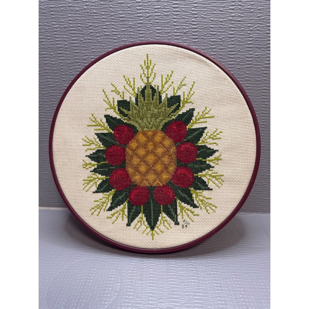 Vintage 1984 Handmade Pineapple Cross Stitch Wall Hanging Round Burgundy Frame
